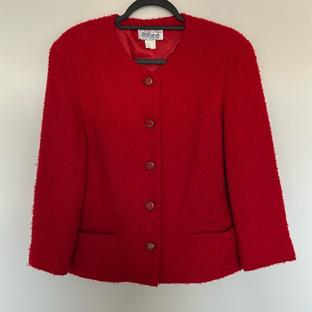 Tally-Ho Blazer Jacket Red 12 Vintage Wool Boucle Made in USA Round Neck